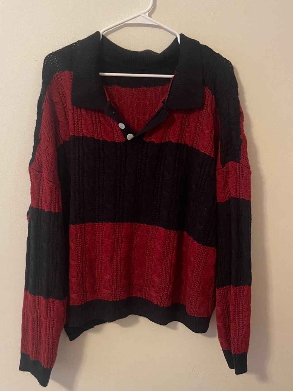 SHEIN Red and Black Striped V‑Neck Knit Sweater